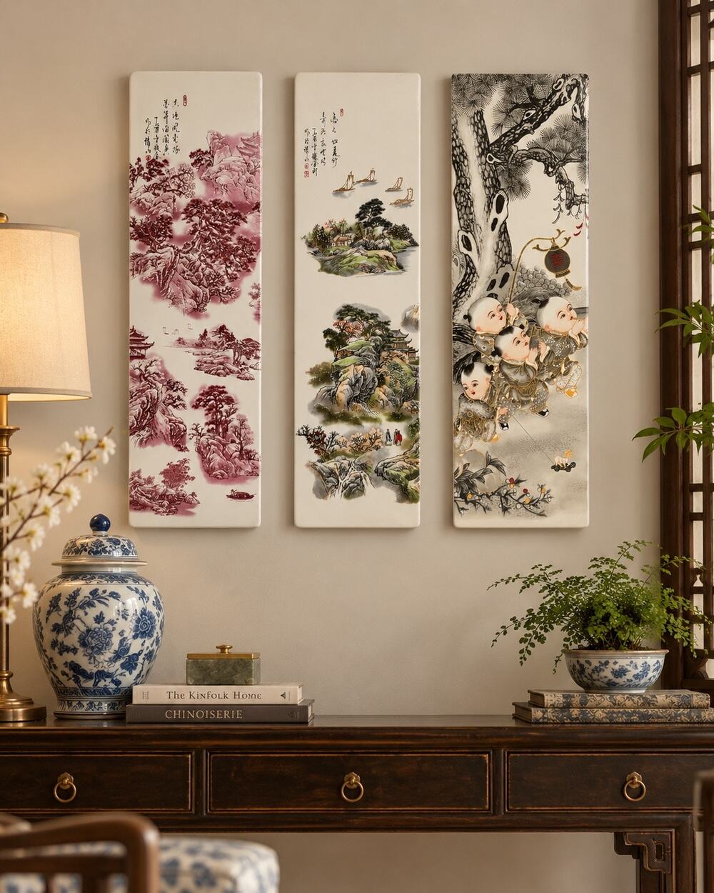 Set of 3 Vintage Chinese Porcelain Tile Plaques 23.5” Raised Relief Art